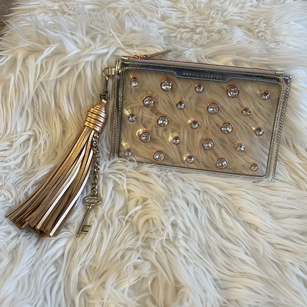 Sophia Webster Rose Gold Accented Clear Wristlet Clutch with Tassel